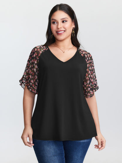 Sheer Floral Print Ruffled Cuff Sleeve Top