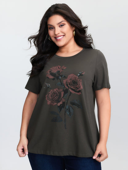 Rose Print Distressed Wash T-Shirt