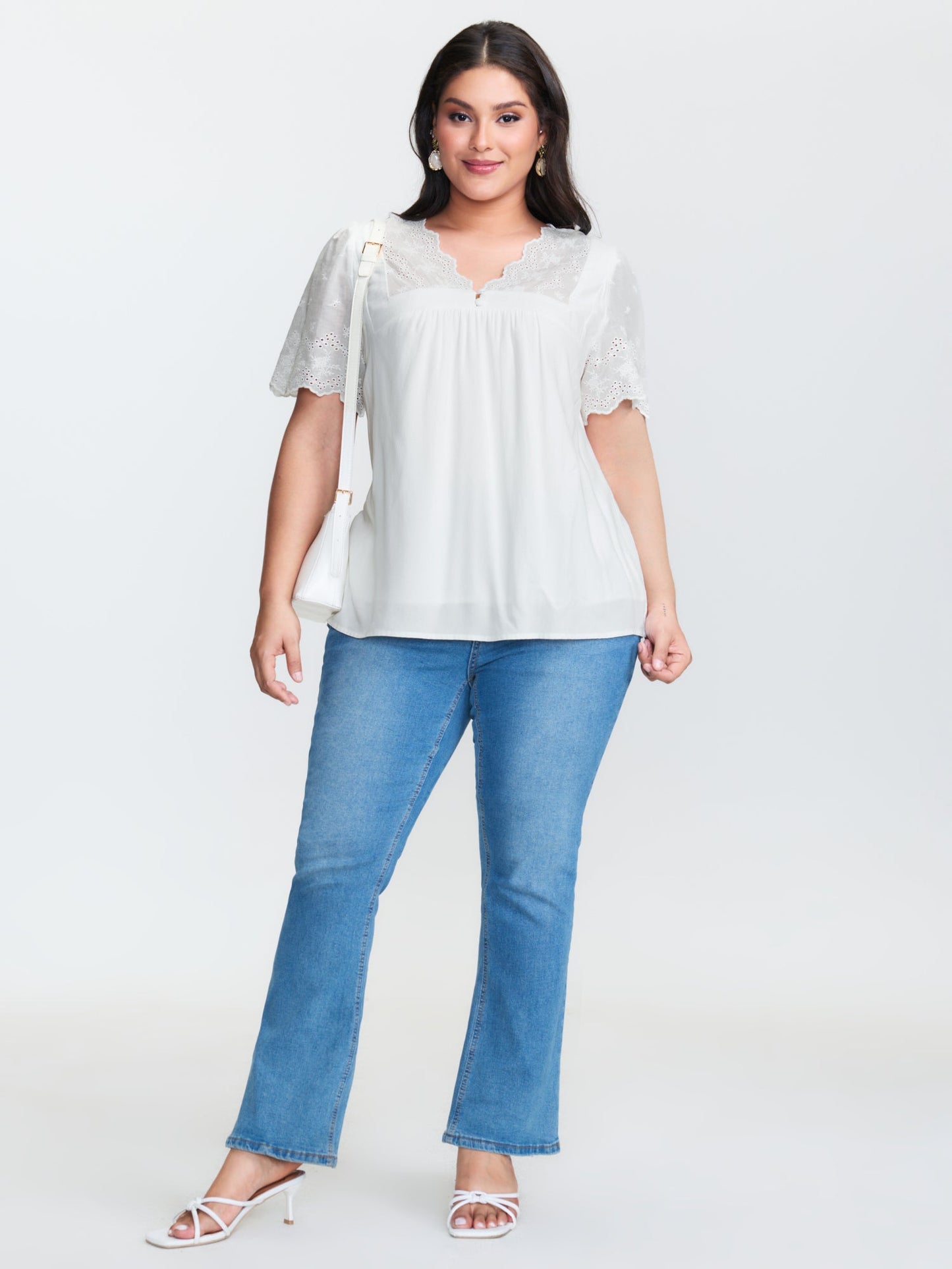 Embroidery Scalloped Sleeve Plain Blouse