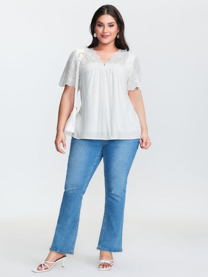 Embroidery Scalloped Sleeve Plain Blouse