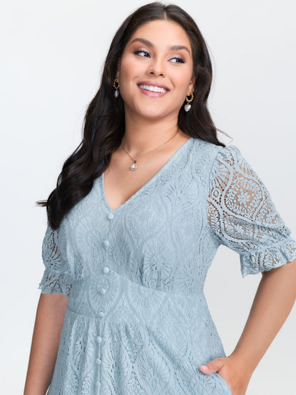 Lace Trim Shirred Button Detail Midi Dress
