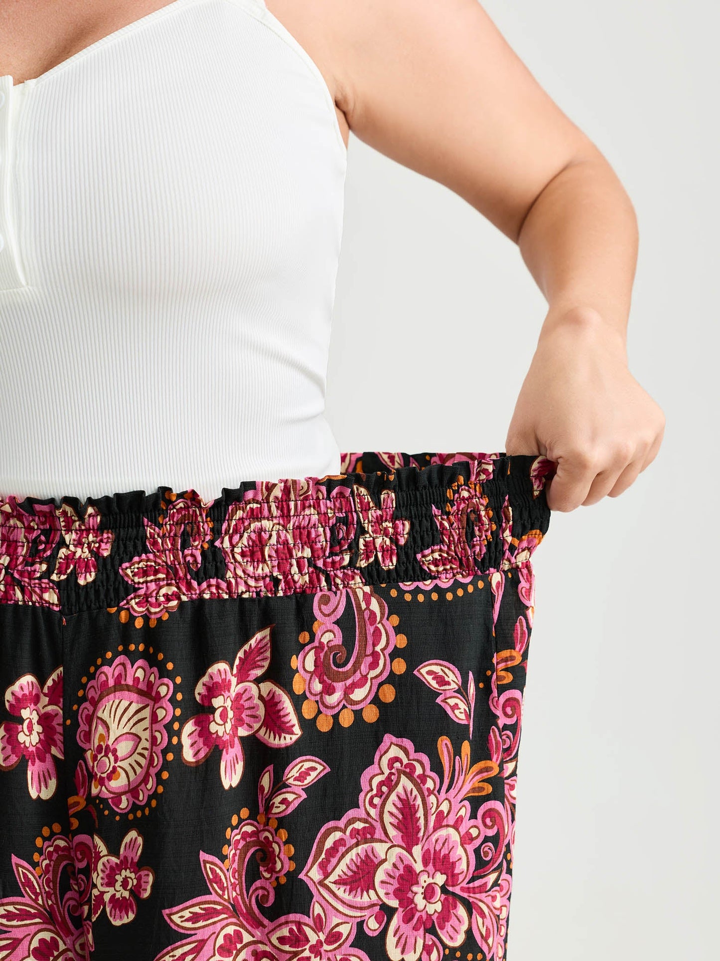Large Floral Print Wide Shirred Waistband Pants