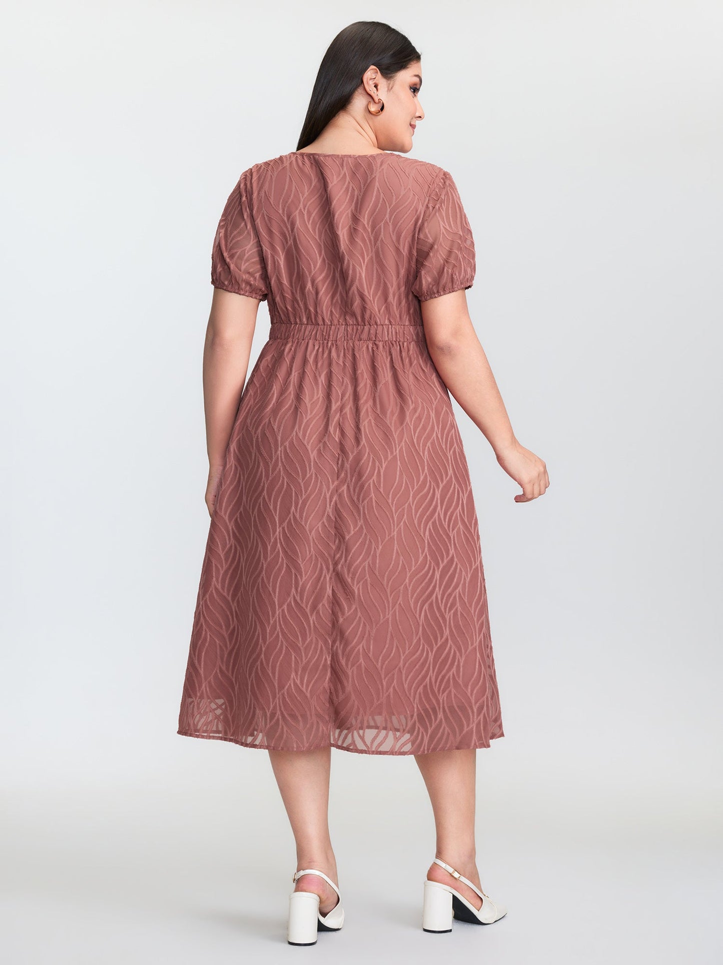 Plain Textured Belted V-Neck Midi Dress