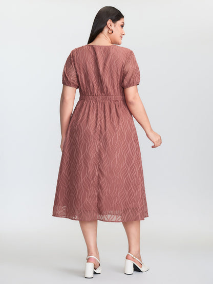 Plain Textured Belted V-Neck Midi Dress