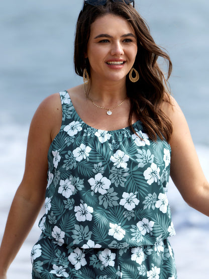 plus size Tropical Flower Print Pockets One-Piece Swimsuit