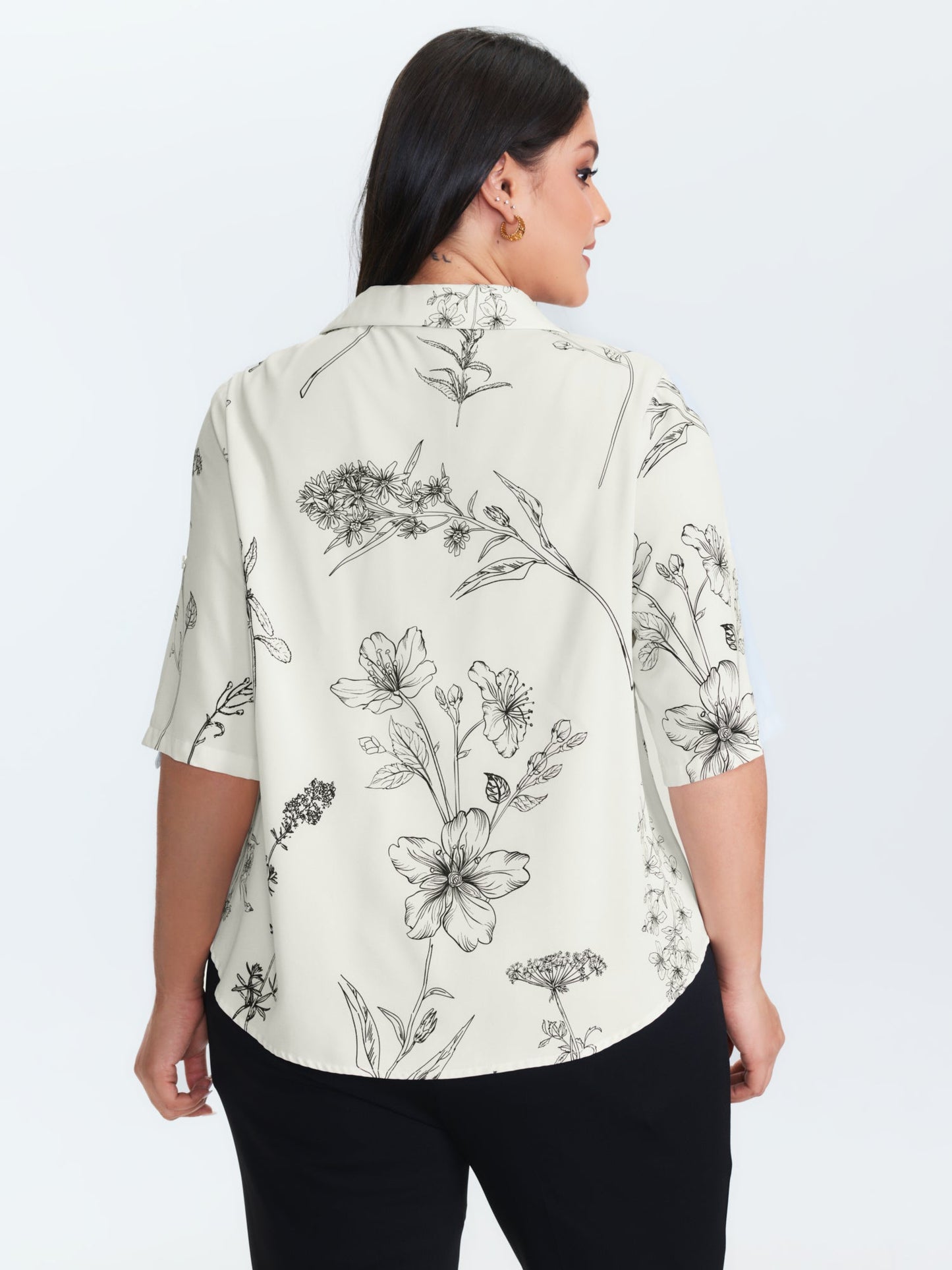Floral Print Tab Sleeve Button-Down Blouse