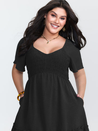 Shirred Bodice Ruffle Hem Flowy Mini Dress