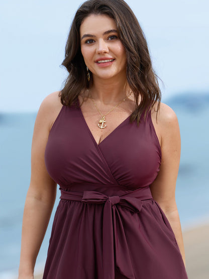 Surplice Neckline Belted Plain One-Piece Swimsuit