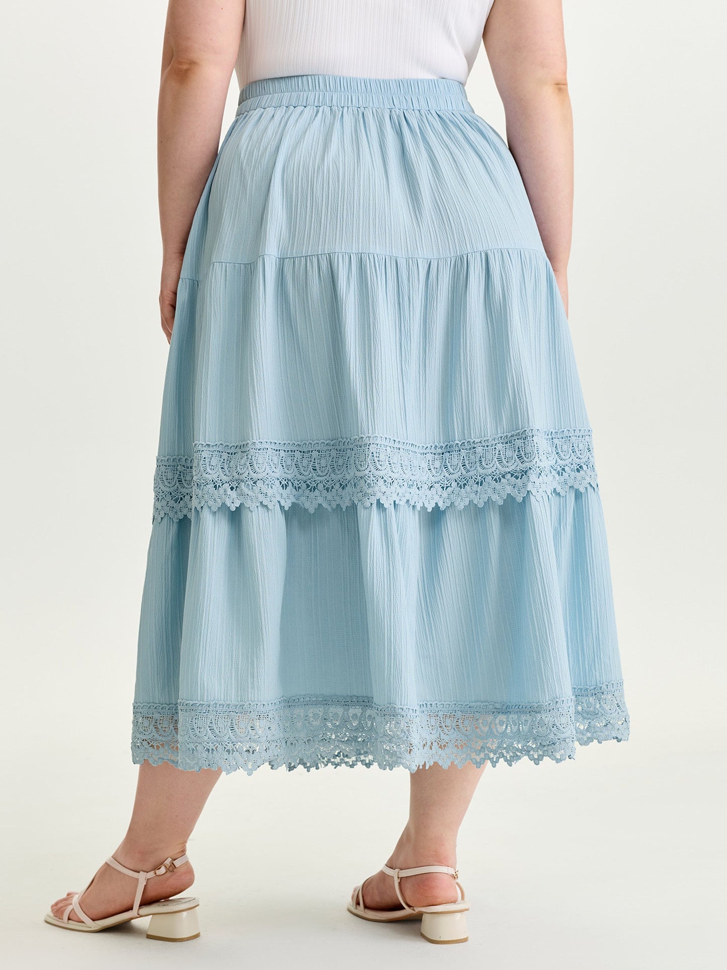 Lace Trim Tiered Plain Maxi Skirt