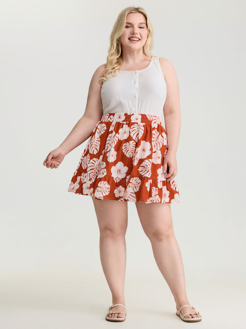 Cotton Large Floral Print Flowy Midi Skirt