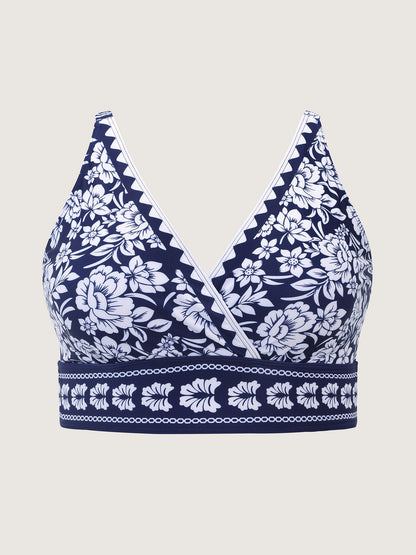 Floral Print Surplice Neckline Swim Top