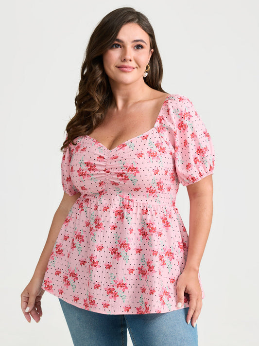 Romantic Floral Print Ruched Blouse