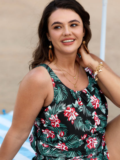 plus size Tropical Flower Print Pockets One-Piece Swimsuit