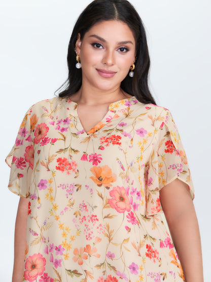 Sweet Floral Print Petal Sleeve Blouse