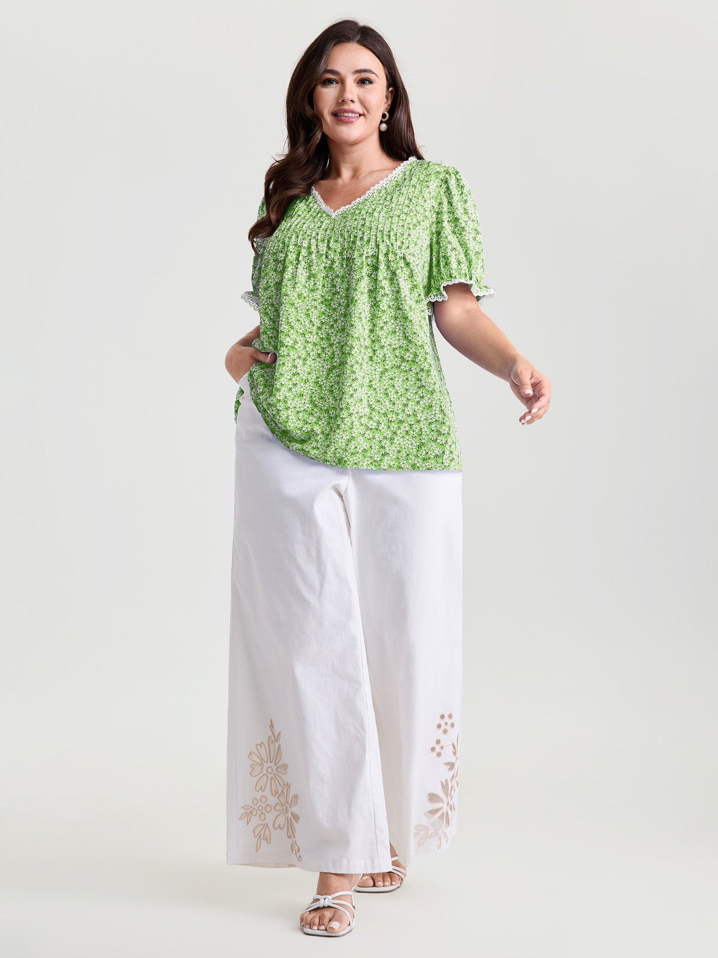 Micro Floral Print Lace Trim Blouse