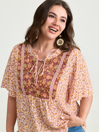 Micro Floral Print Drawstring Neckline Contrast Blouse
