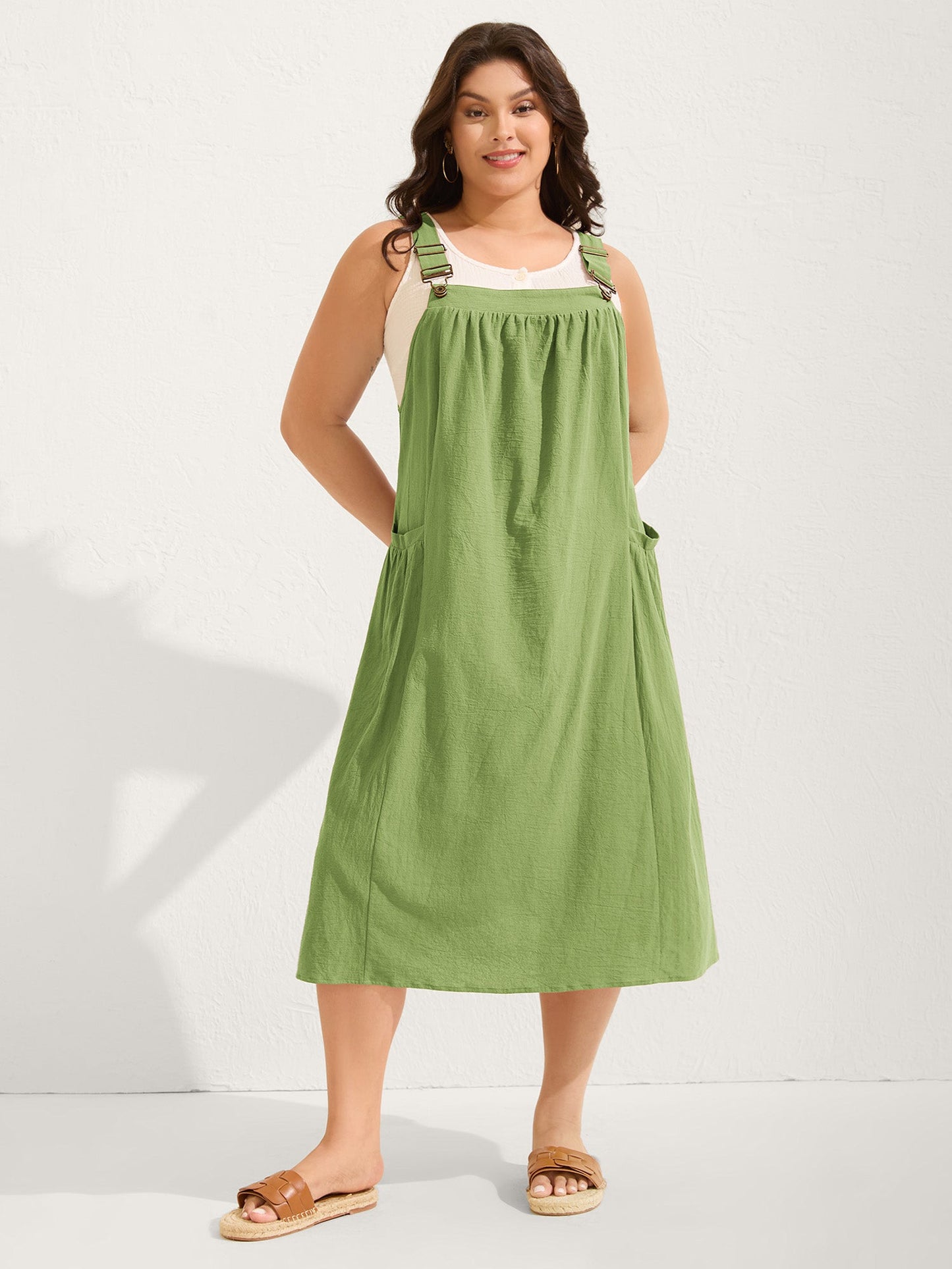 plus size Pure Cotton Pleated Pockets Midi Dress