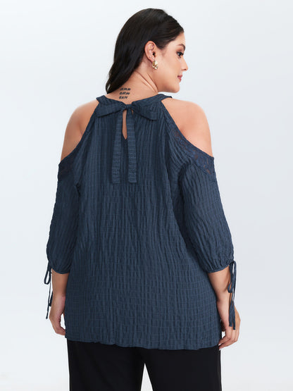 Shoulder Cut-Out Textured Back-Tie Blouse