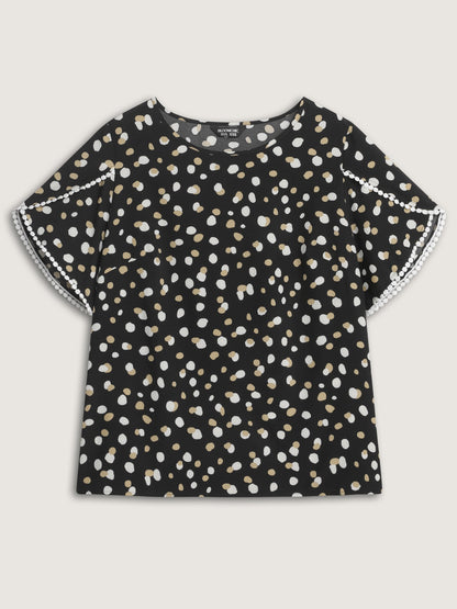 Irregular Polka Dots Print Lace Trim Blouse