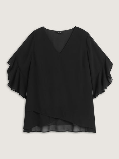 Sheer Flowy Ruffled Sleeve Plain Blouse