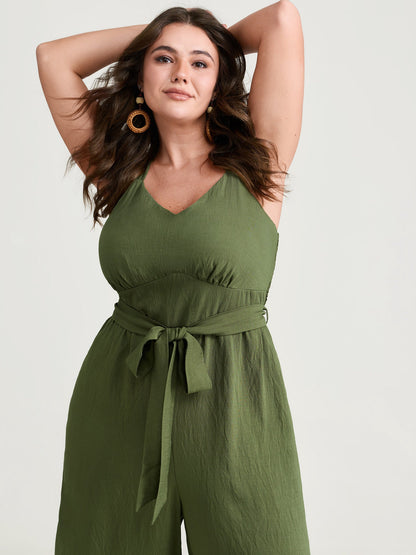 Stretchy Waist Ruffled Hem Pockets Jumpsuit