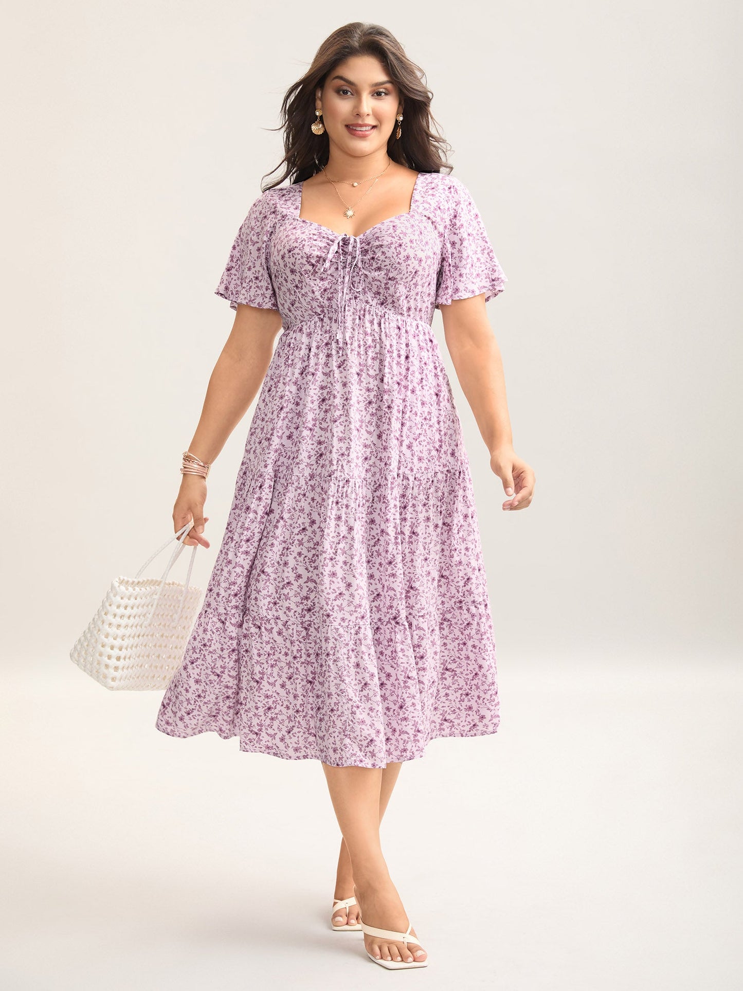 plus size Ditsy Floral Sweetheart Drawstring Pocket Tiered Dress