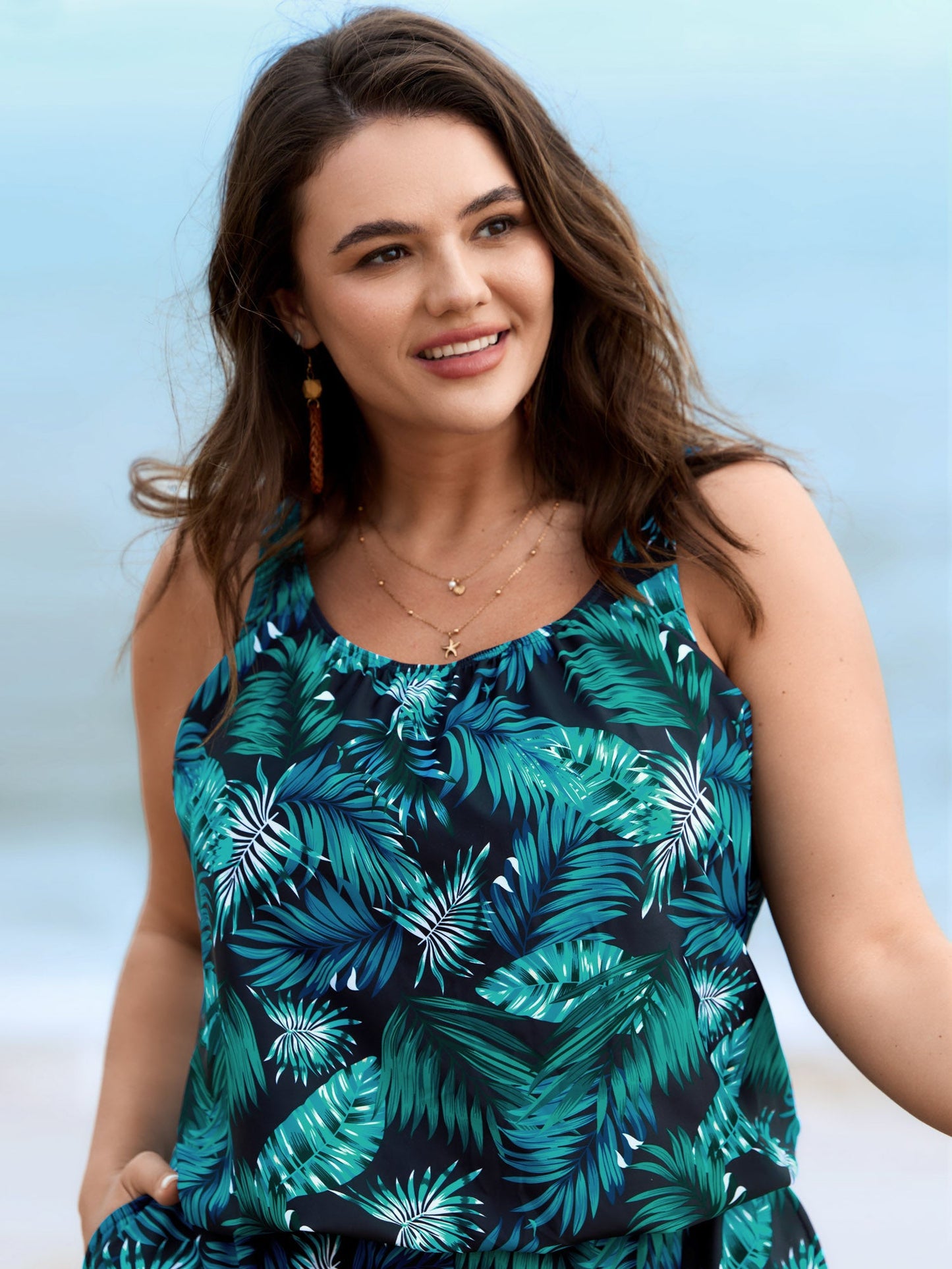 plus size Tropical Flower Print Pockets One-Piece Swimsuit