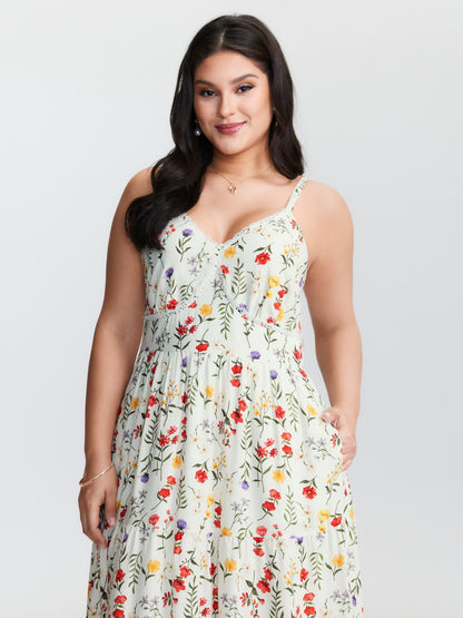 Floral Print Lace Trim Cinched Waist Midi Dress
