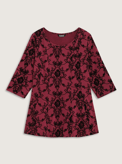 Boho Print Flocking Knit Slim-Fit Top