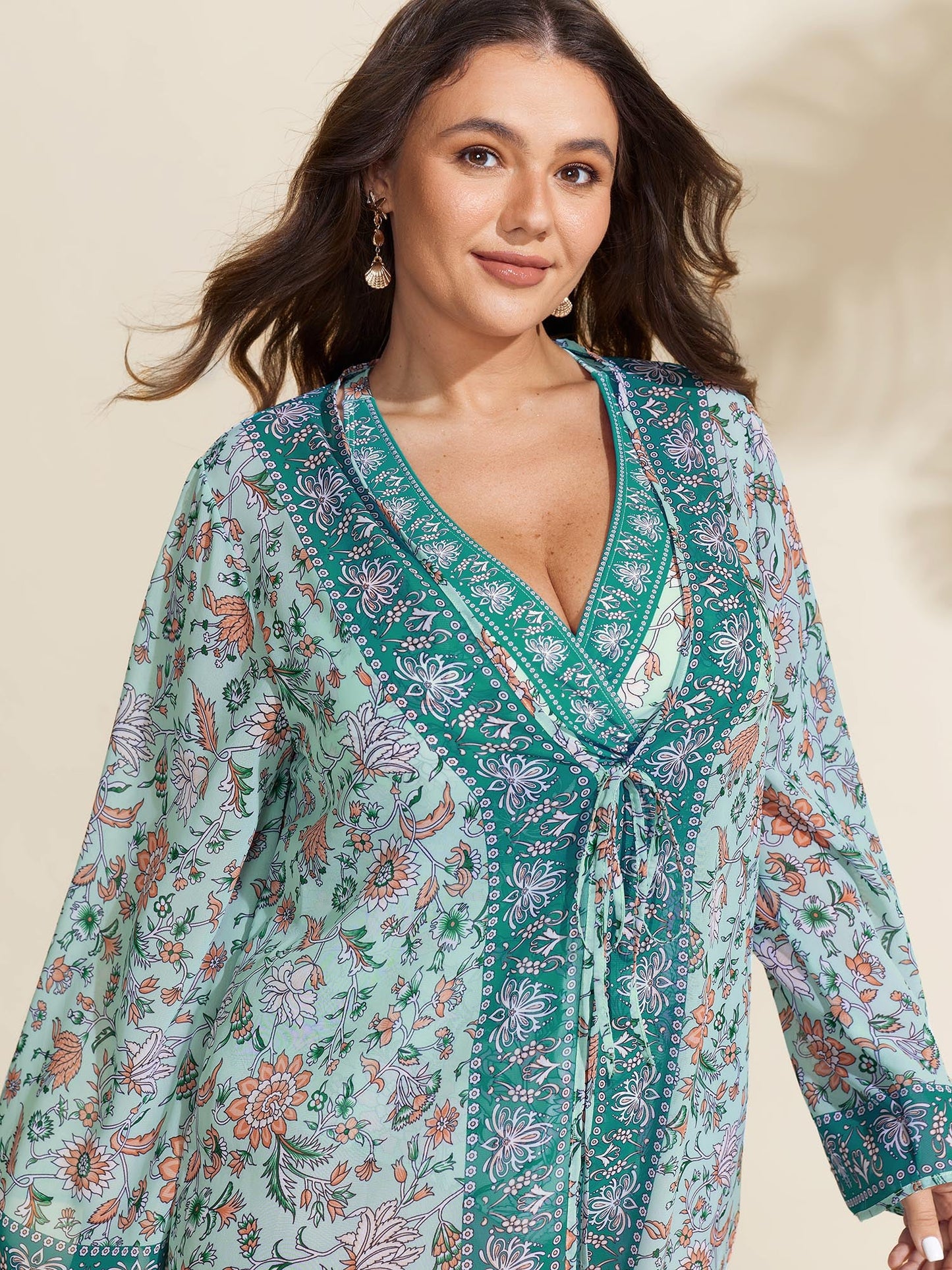 Floral Color Contrast Front-Tie Swim Cover-Up