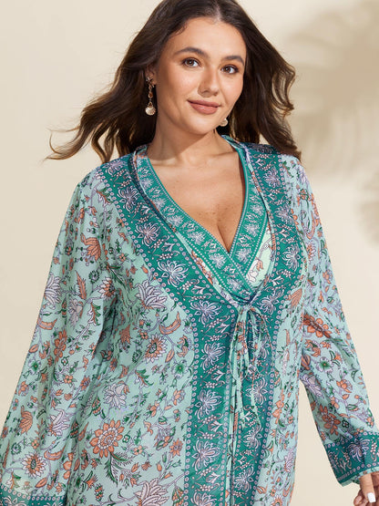 Floral Color Contrast Front-Tie Swim Cover-Up