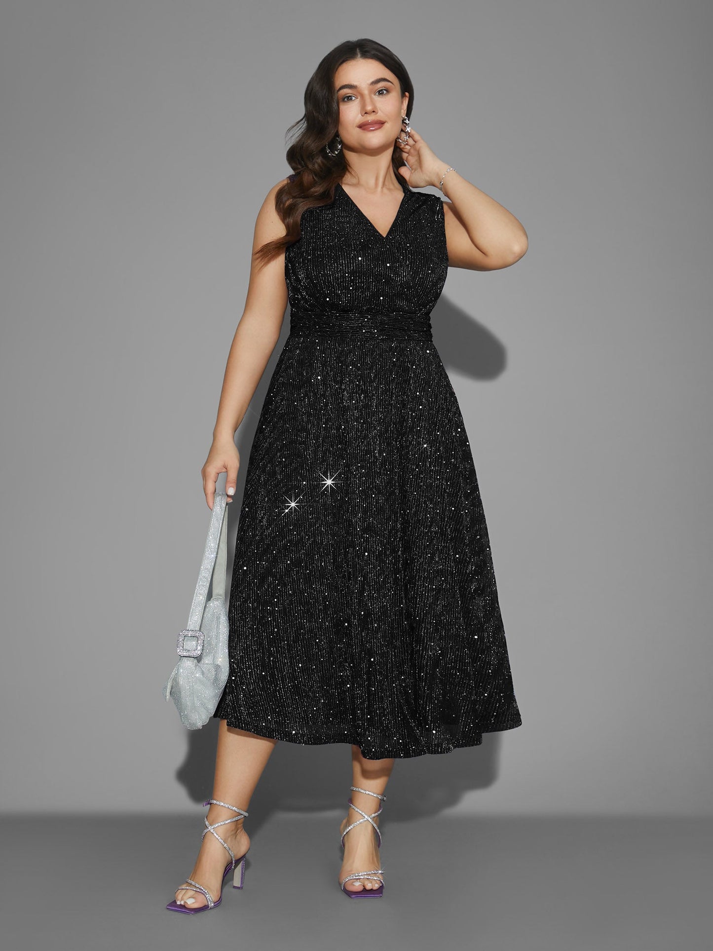 Sequin Surplice Neckline Sleeveless Midi Dress