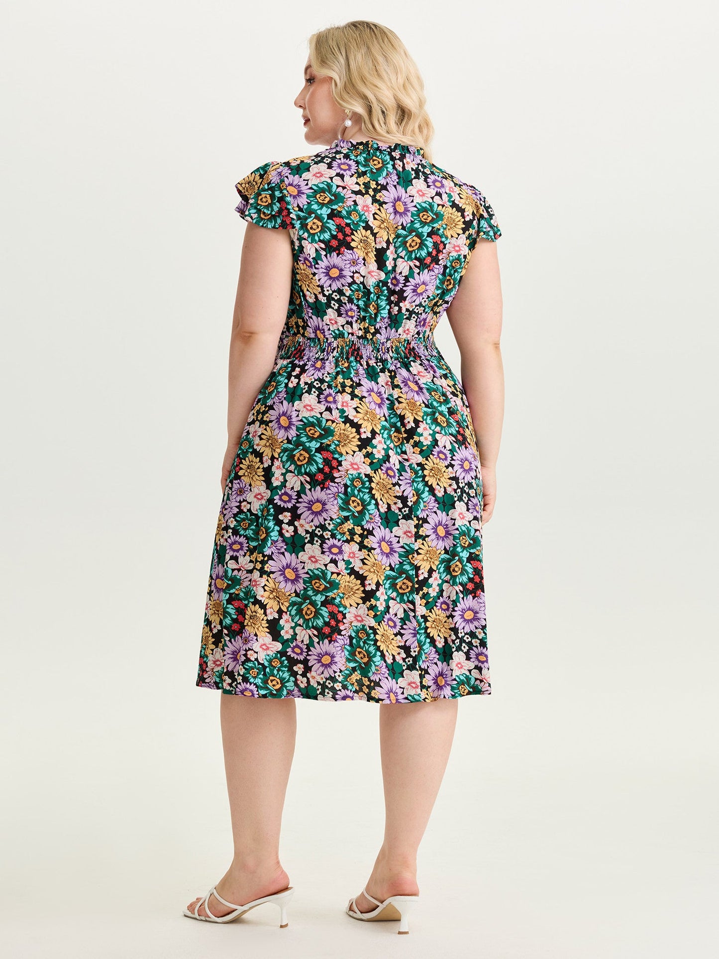 Vibrant Floral Print Ruffled Neckline Mini Dress