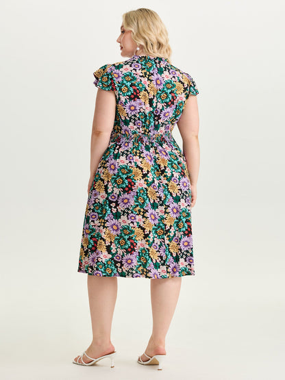 Vibrant Floral Print Ruffled Neckline Mini Dress