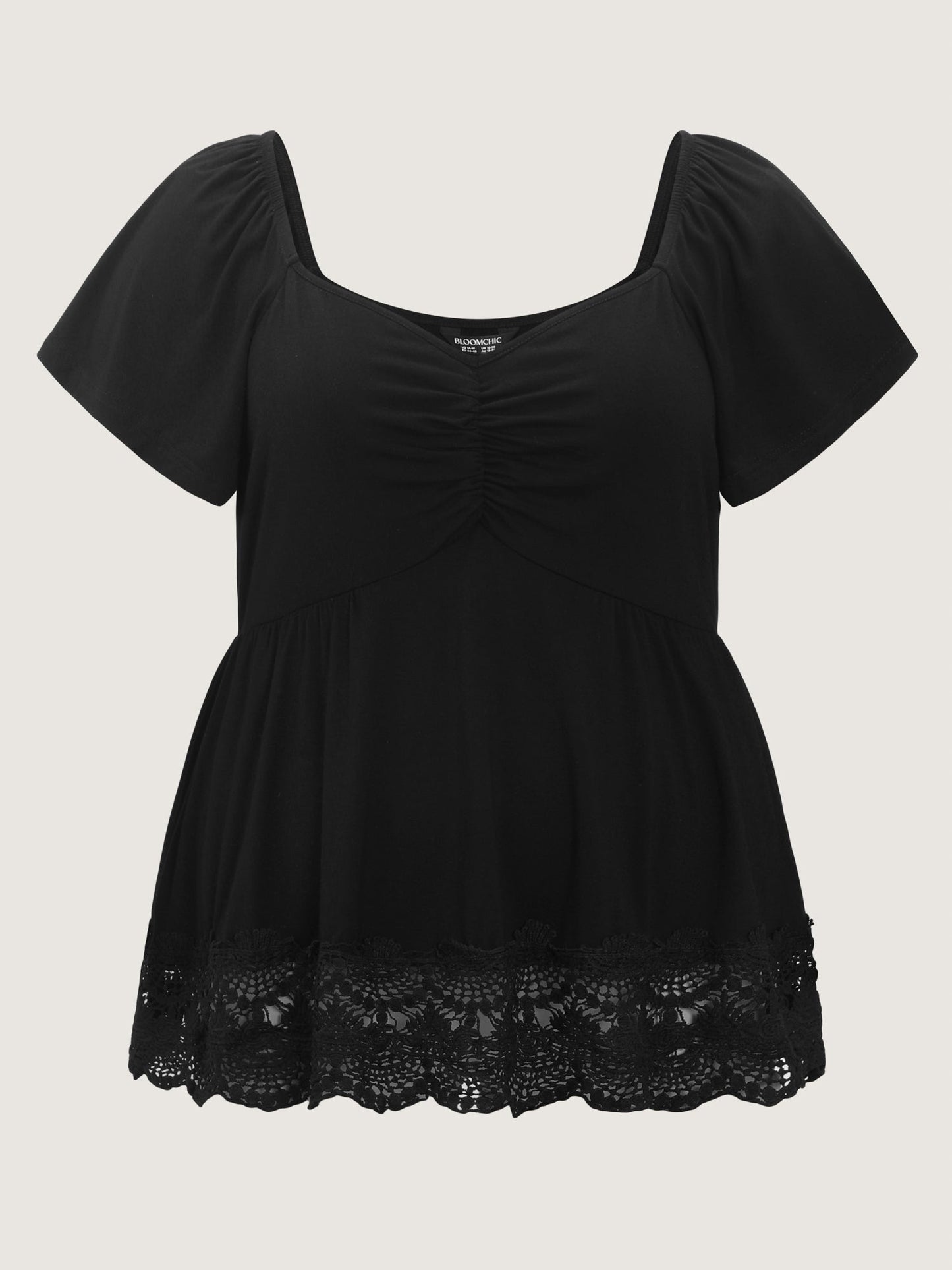 Lace Trim Flared Sleeve Ruched-Front Knit Top