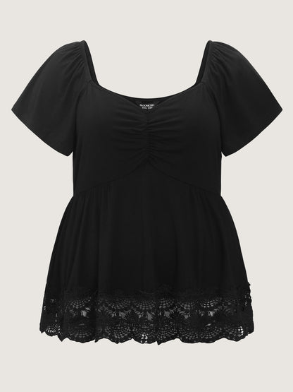Lace Trim Flared Sleeve Ruched-Front Knit Top