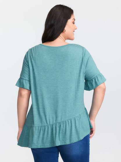 Supersoft Stretchy Ruffled Hem Plain Knit Top