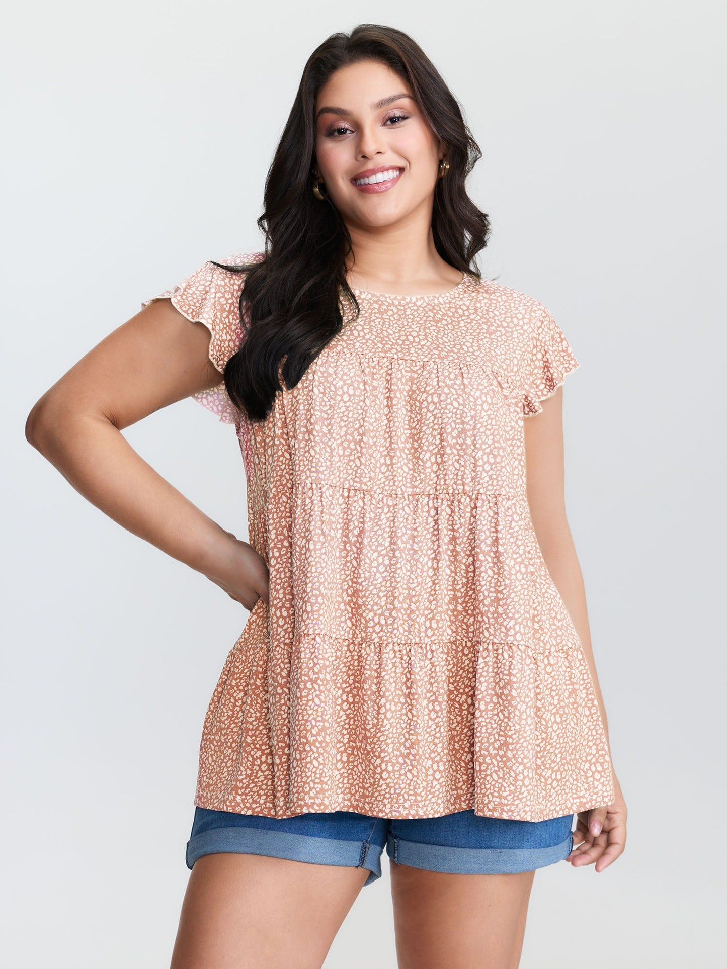 Leopard Print Tiered Flutter Sleeve Knit Top