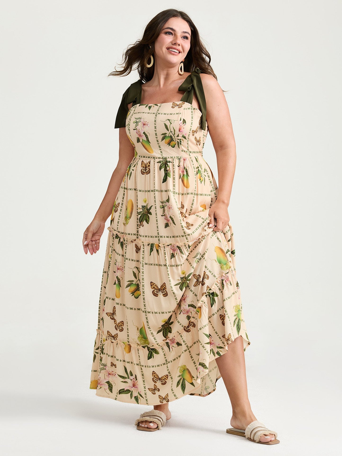 Tropical Collage Print Shoulder Tie Maxi Dress