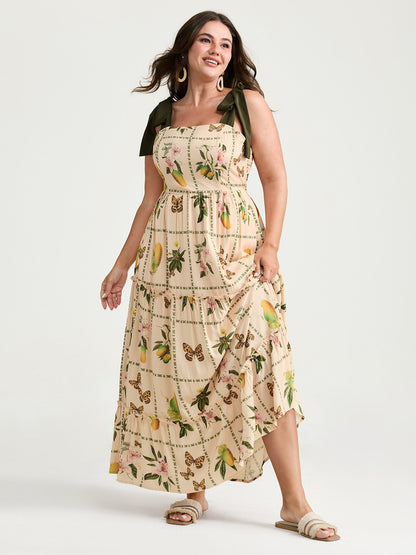 Tropical Collage Print Shoulder Tie Maxi Dress