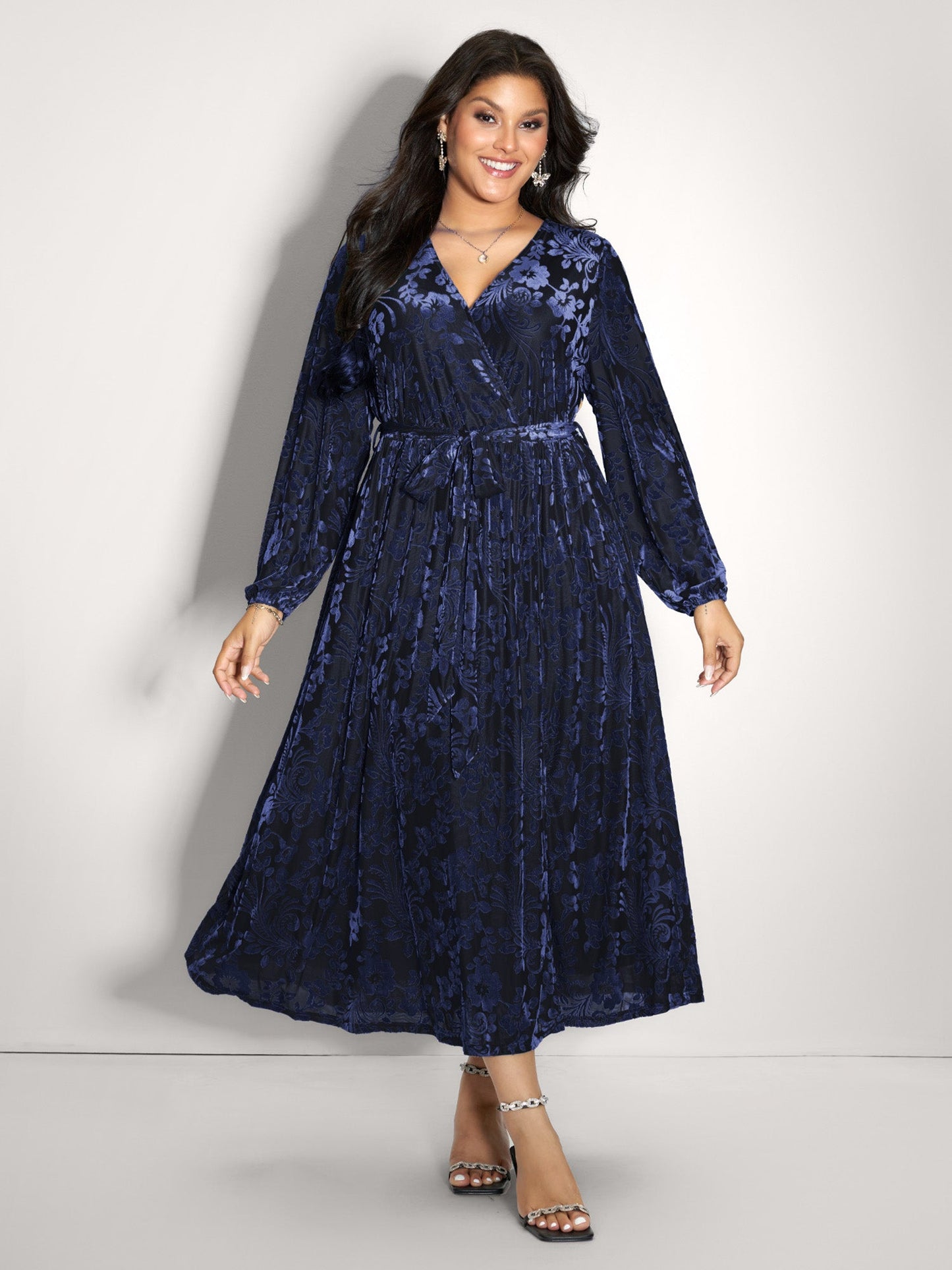 Laser-Cut Velvet Waist-Tie Maxi Dress