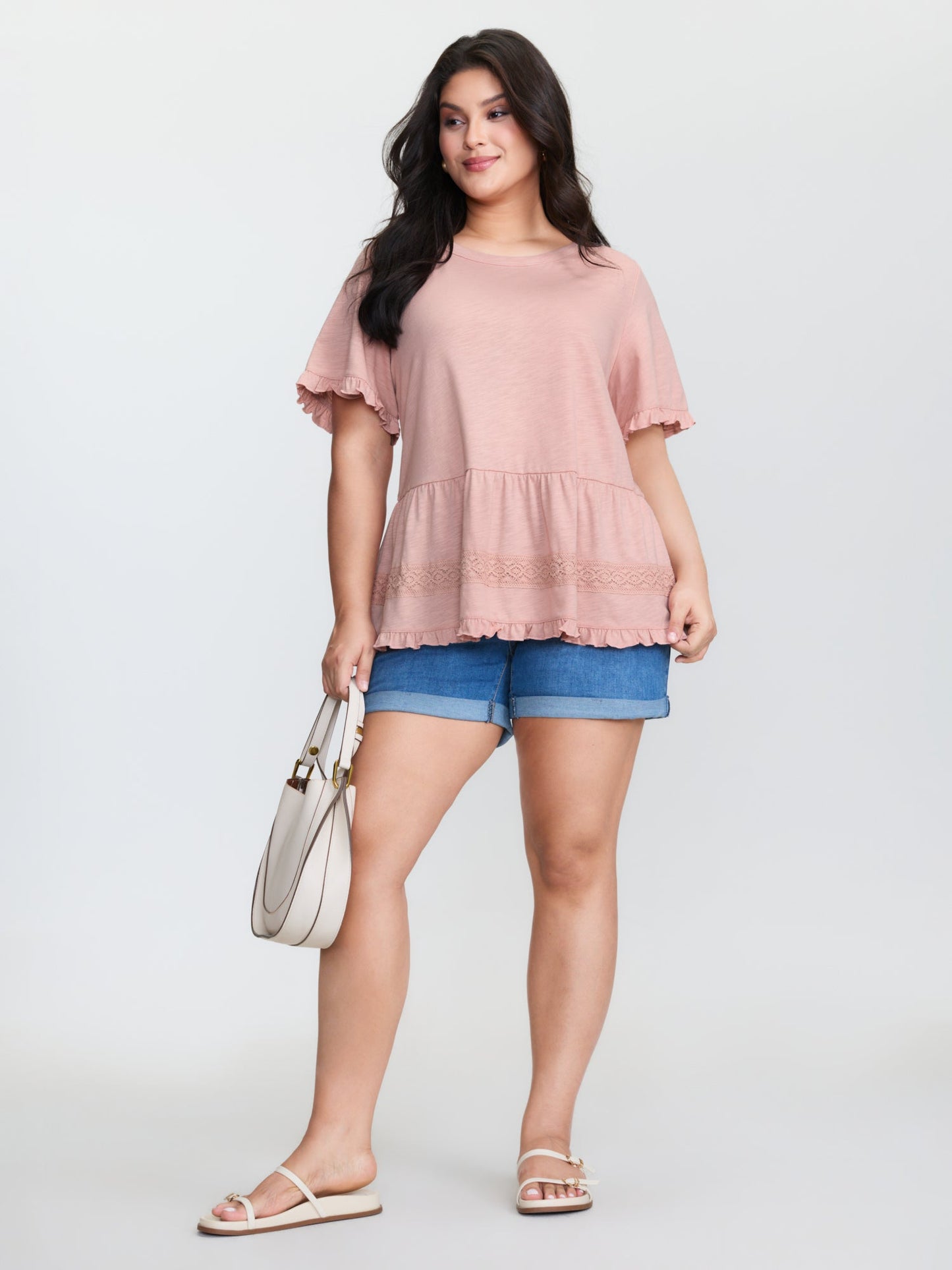 Lace Trim Ruffled Hem Plain Knit Top