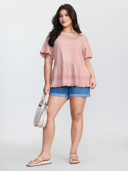 Lace Trim Ruffled Hem Plain Knit Top