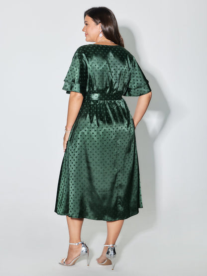 Polka Dots Jacquard Layered Ruffled Sleeve Midi Dress