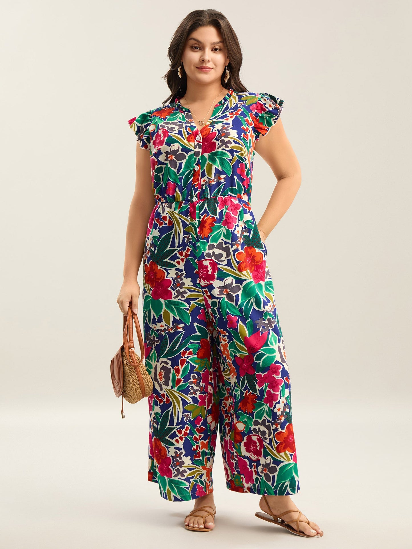 plus size Sunkissed Floral Print Button Wide-Leg Jumpsuit