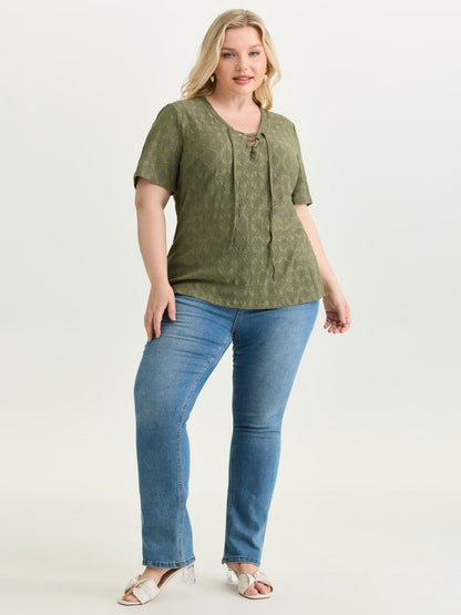 Lace Cut-Out Trim Neck-Tie T-Shirt