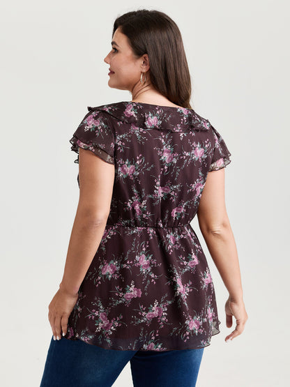 Romantic Floral Print Layered Ruffled Sleeve Blouse