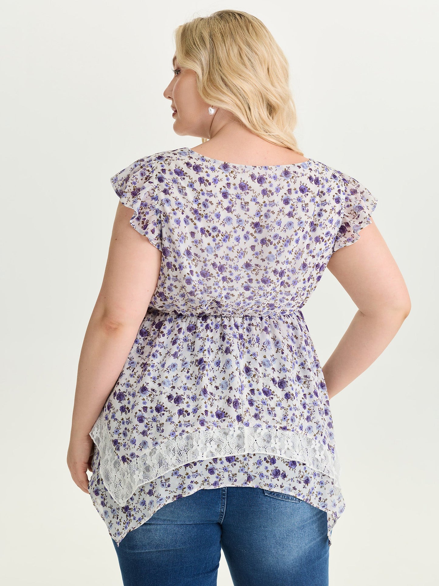 Floral Print Lace Trim Layered Blouse