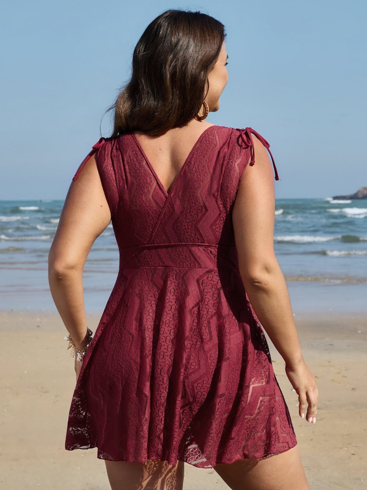 Lace Channel Drawstring Swim Dress