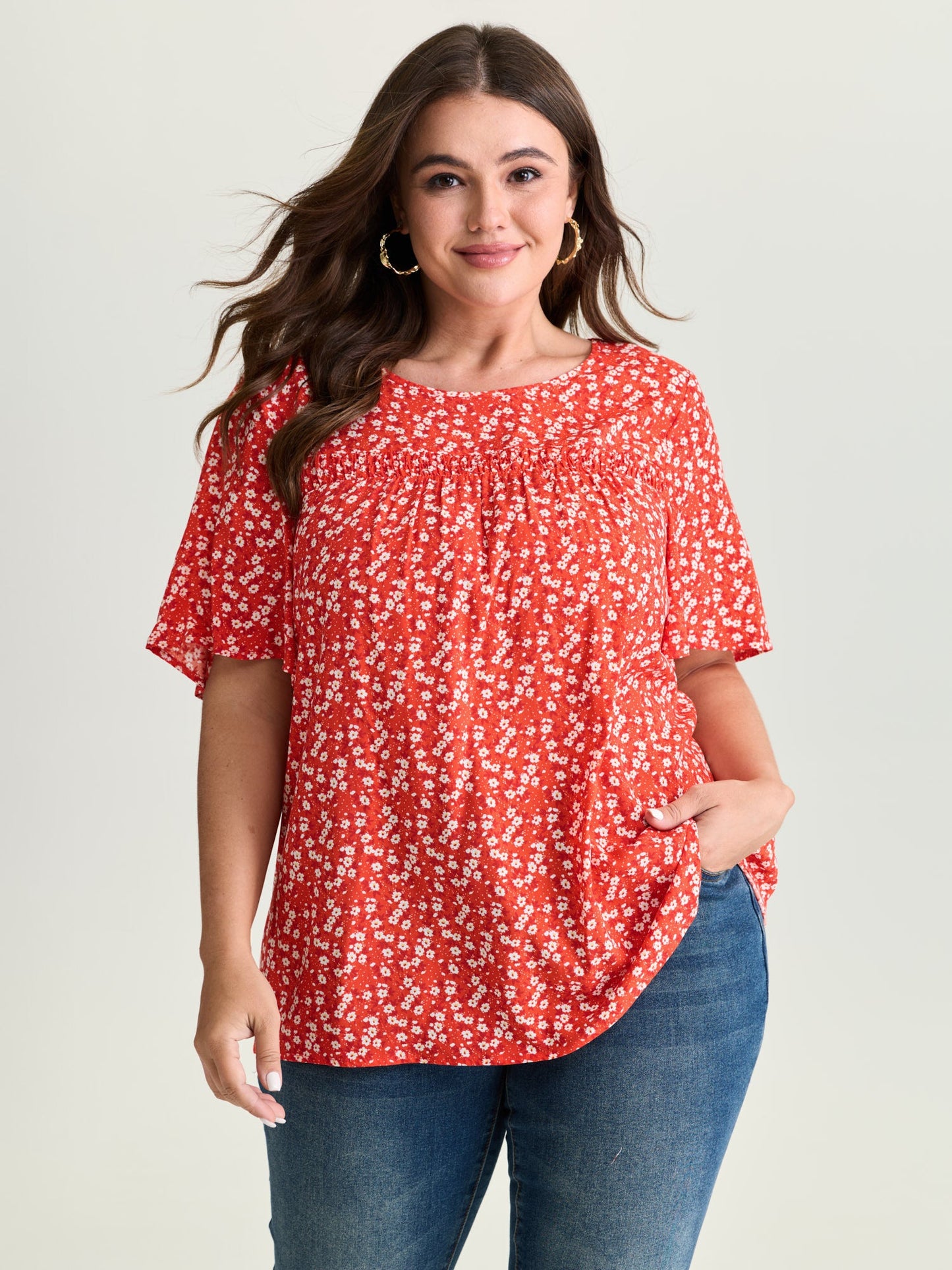 Floral Ruffle Sleeve Gathered Round Neck Blouse